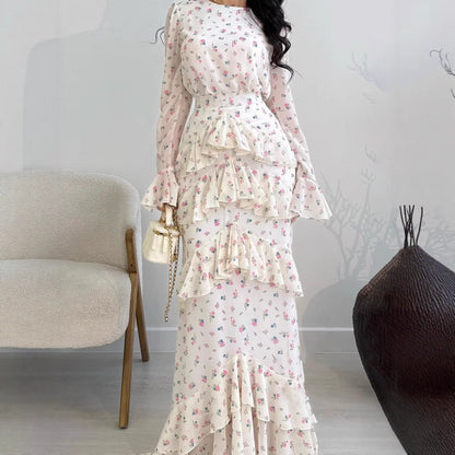 Elegant Romantic Floral Chiffon Fishtail  Ruffled Long Sleeve Dress Maxi Dress Abaya(MA212)