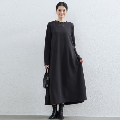 Elegant Round Neck A-Line Maxi Dress - Solid Color Modest Abaya with Pockets (MA310)
