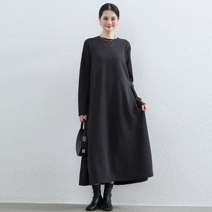 Elegant Round Neck A-Line Maxi Dress - Solid Color Modest Abaya with Pockets (MA310)