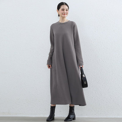 Elegant Round Neck A-Line Maxi Dress - Solid Color Modest Abaya with Pockets (MA310)