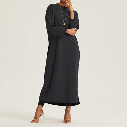 Round Neck Drop Shoulder Maxi Dress - Solid Color Modest Abaya with Side Slits (MA309)