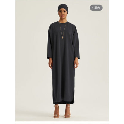 Round Neck Drop Shoulder Maxi Dress - Solid Color Modest Abaya with Side Slits (MA309)