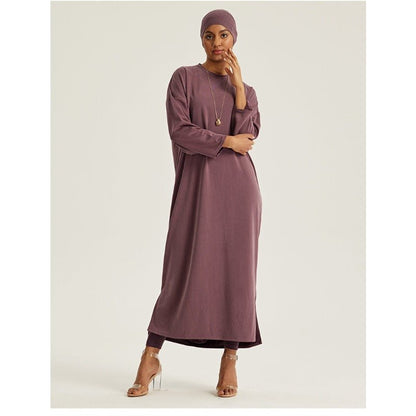 Round Neck Drop Shoulder Maxi Dress - Solid Color Modest Abaya with Side Slits (MA309)