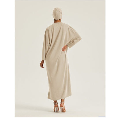 Round Neck Drop Shoulder Maxi Dress - Solid Color Modest Abaya with Side Slits (MA309)