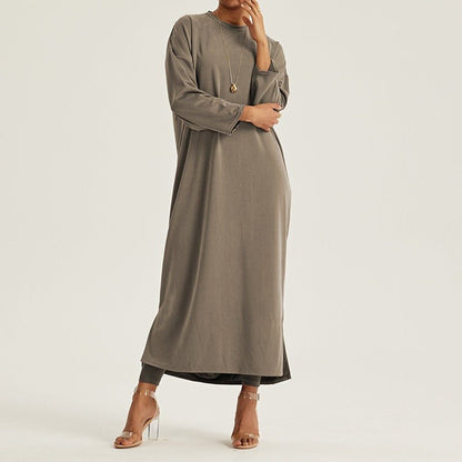 Round Neck Drop Shoulder Maxi Dress - Solid Color Modest Abaya with Side Slits (MA309)