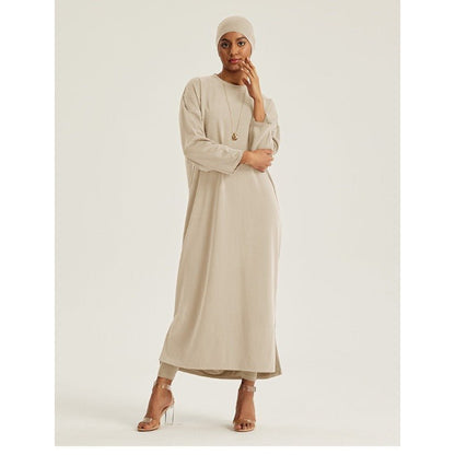 Round Neck Drop Shoulder Maxi Dress - Solid Color Modest Abaya with Side Slits (MA309)
