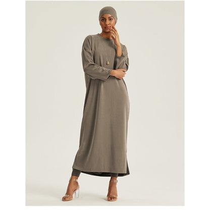 Round Neck Drop Shoulder Maxi Dress - Solid Color Modest Abaya with Side Slits (MA309)