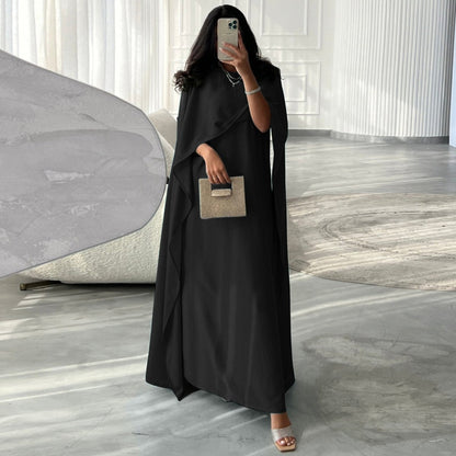 Elegant Royal Satin Abaya Dress | Modest Cape Sleeve Maxi Robe with Luxurious Draping(MA289)