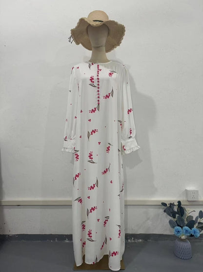 Elegant Ruffle Sleeve Romantic Pink Floral Maxi Dress Modest Gown Abaya (MA227)