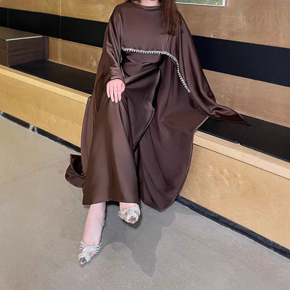 Elegant Satin Abaya with Rhinestone Cape | Luxurious Modest Evening Dress (MA327)