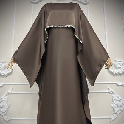 Elegant Satin Abaya with Rhinestone Cape | Luxurious Modest Evening Dress (MA327)