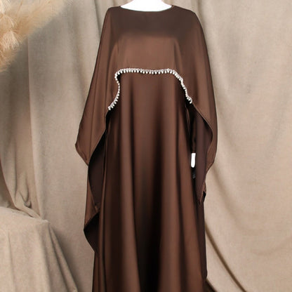 Elegant Satin Abaya with Rhinestone Cape | Luxurious Modest Evening Dress (MA327)