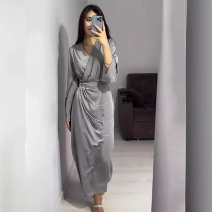 Elegant Satin Maxi Dress Abaya with Waist Chains V-Neck Long Sleeve Solid Color Dresses(MA204)