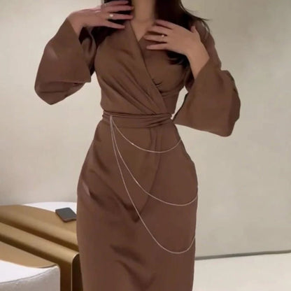 Elegant Satin Maxi Dress Abaya with Waist Chains V-Neck Long Sleeve Solid Color Dresses(MA204)