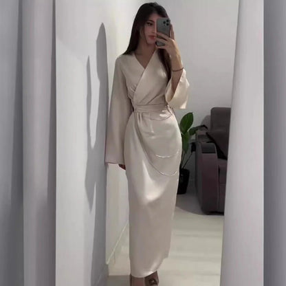 Elegant Satin Maxi Dress Abaya with Waist Chains V-Neck Long Sleeve Solid Color Dresses(MA204)