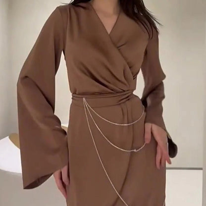 Elegant Satin Maxi Dress Abaya with Waist Chains V-Neck Long Sleeve Solid Color Dresses(MA204)
