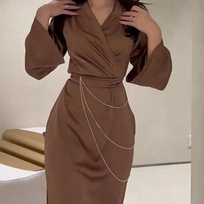 Elegant Satin Maxi Dress Abaya with Waist Chains V-Neck Long Sleeve Solid Color Dresses(MA204)