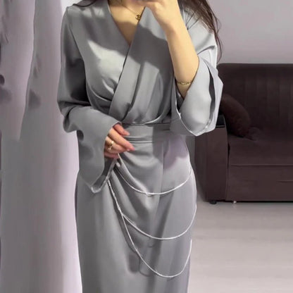 Elegant Satin Maxi Dress Abaya with Waist Chains V-Neck Long Sleeve Solid Color Dresses(MA204)
