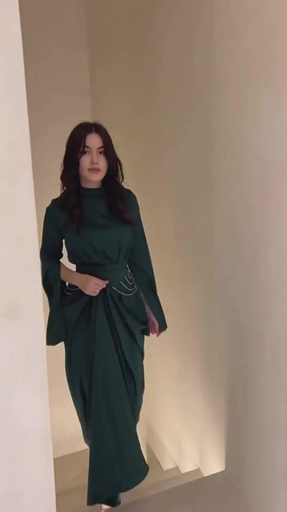 Elegant Semi-Turtleneck Long Sleeve Spring Court-Style Satin Dress Abaya(MA194)