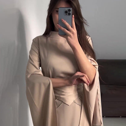 Elegant Semi-Turtleneck Long Sleeve Spring Court-Style Satin Dress Abaya(MA194)