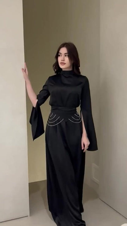 Elegant Semi-Turtleneck Long Sleeve Spring Court-Style Satin Dress Abaya(MA194)