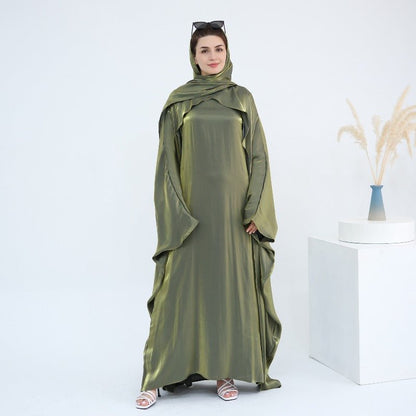 Elegant Shimmer Batwing Abaya Set with Hijab | Two-Piece Pullover Style Layered Look(MA315)