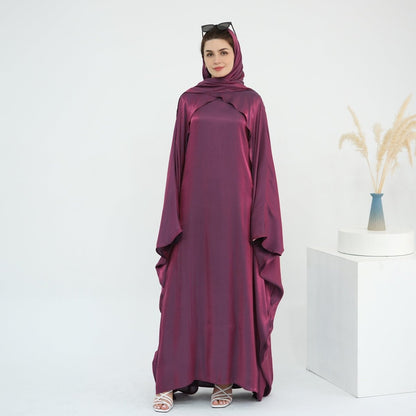 Elegant Shimmer Batwing Abaya Set with Hijab | Two-Piece Pullover Style Layered Look(MA315)