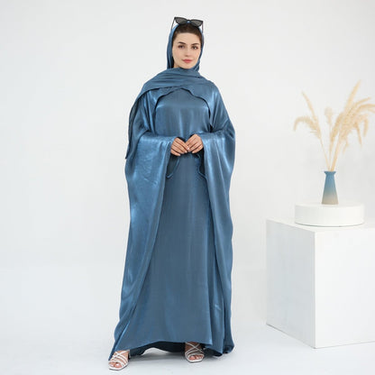 Elegant Shimmer Batwing Abaya Set with Hijab | Two-Piece Pullover Style Layered Look(MA315)