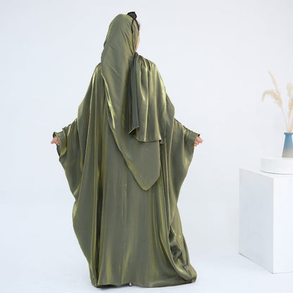 Elegant Shimmer Batwing Abaya Set with Hijab | Two-Piece Pullover Style Layered Look(MA315)