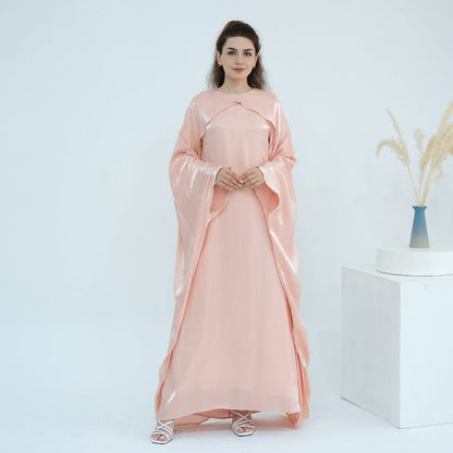Elegant Shimmer Batwing Abaya Set with Hijab | Two-Piece Pullover Style Layered Look(MA315)