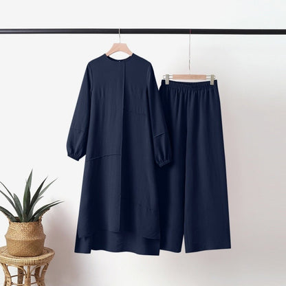 Elegant Sportswear Two-Piece Set | Modest Muslim Athleisure Bubble Sleeve Top & Wide Leg Pants (MS101)