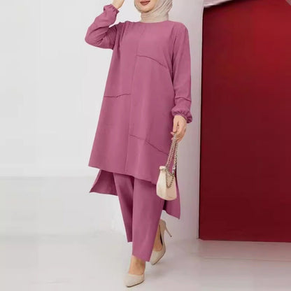 Elegant Sportswear Two-Piece Set | Modest Muslim Athleisure Bubble Sleeve Top & Wide Leg Pants (MS101)