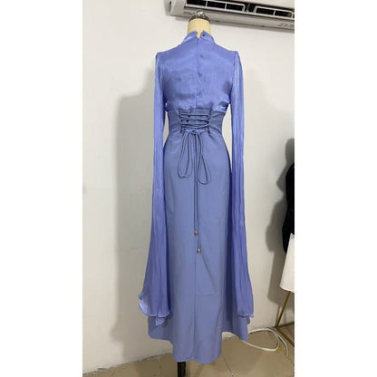 Elegant Swinging Sleeve Silk Satin Abaya Dress | High Waist Modest Maxi Dress with Back Strap Detail(MA295)