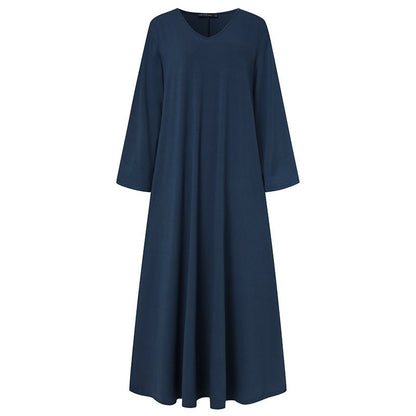 Elegant V-Neck Long Sleeve Maxi Dress | Loose Fit Dress with Hidden Pockets(MA314)