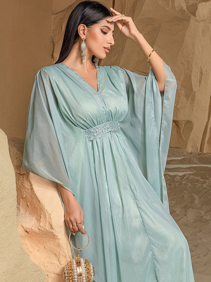 Elegant V-Neck Luxury Hand-Sewn Bead Embellished Travel & Party Abaya Robe Dress (MA188)