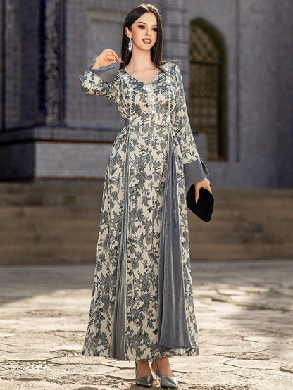 Elegant V-Neck Satin Floral Hand-Stitched Pearl & Crystal Bead Long Sleeve Maxi Dress with Gray Abaya Dress(MA192)