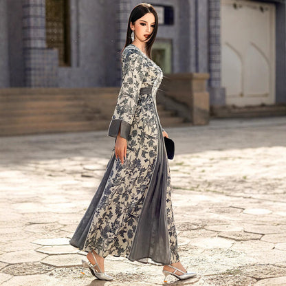Elegant V-Neck Satin Floral Hand-Stitched Pearl & Crystal Bead Long Sleeve Maxi Dress with Gray Abaya Dress(MA192)