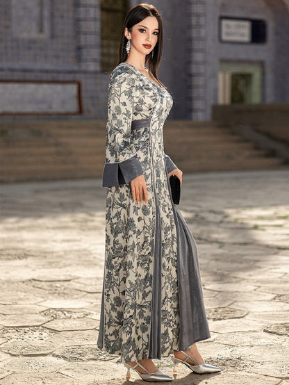 Elegant V-Neck Satin Floral Hand-Stitched Pearl & Crystal Bead Long Sleeve Maxi Dress with Gray Abaya Dress(MA192)