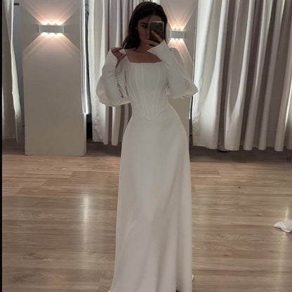 Elegant White Square Neck Long Sleeve Bubble Sleeve Modest Dress Abaya  (MA228)