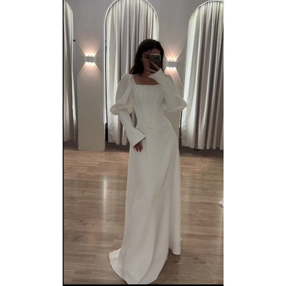Elegant White Square Neck Long Sleeve Bubble Sleeve Modest Dress Abaya  (MA228)