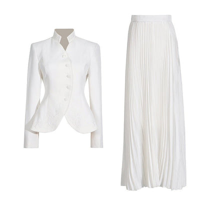Embroidered Blazer & Pleated Skirt Set(MS214)