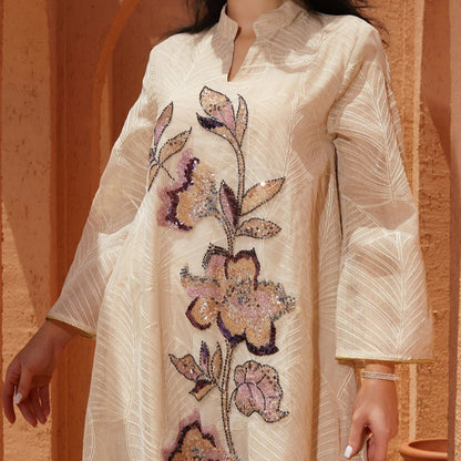 Embroidered Organza Abaya with Sequin Appliqués | Collared Floral Gown (MA373)