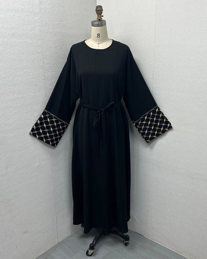 Embroidered Pattern Abaya Robe Dress - Modest Muslim Long Sleeve Maxi with Detachable Belt(MA272)