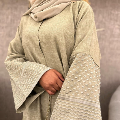 Embroidered Sleeve Abaya | Textured Open-Front Cardigan with Bell Sleeves (MOA263)