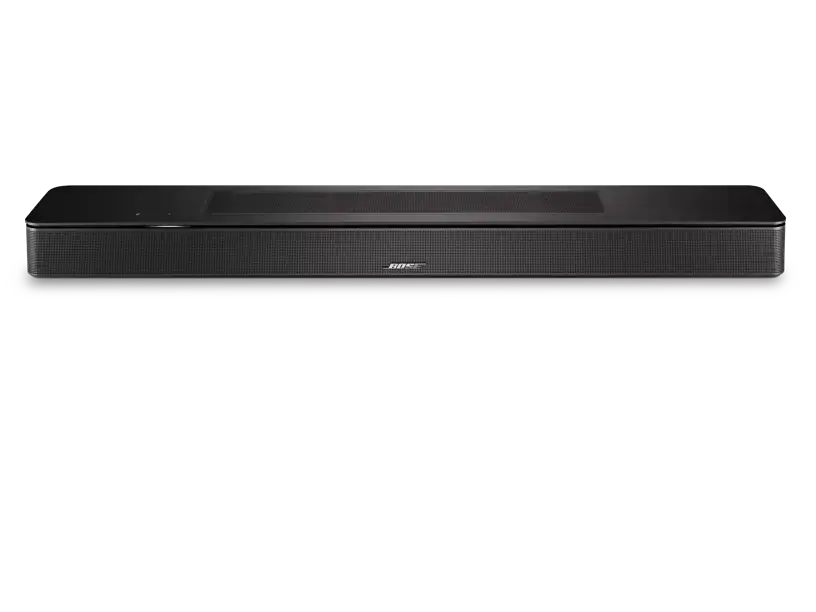 Black Bose Smart Soundbar 600 from Enforce Records, sleek audio device with modern design and multiple connectivity options.