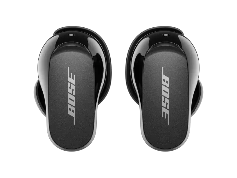 Black Bose QuietComfort Earbuds II in their charging case, showcasing sleek wireless design and premium audio quality.