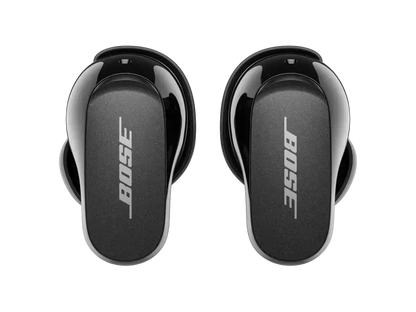 Black Bose QuietComfort Earbuds II in their charging case, showcasing sleek wireless design and premium audio quality.
