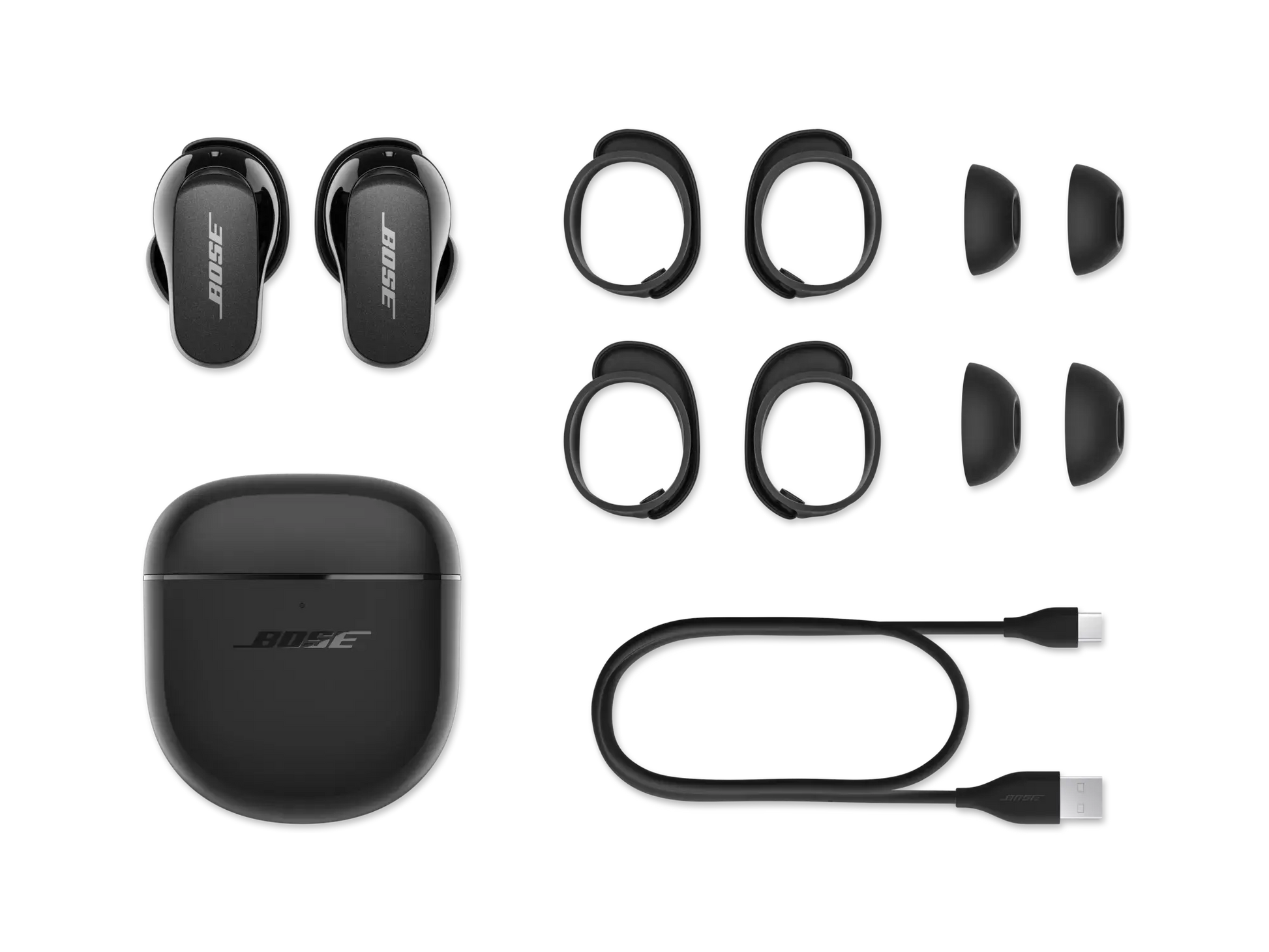 Black Bose QuietComfort Earbuds II in their charging case, designed for high-quality wireless audio and noise cancellation.