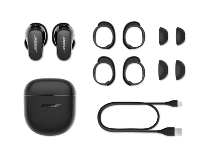 Black Bose QuietComfort Earbuds II in their charging case, designed for high-quality wireless audio and noise cancellation.