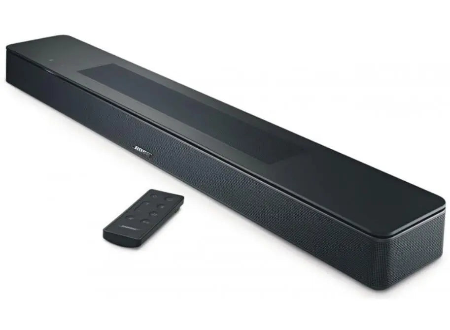 Black Bose Smart Soundbar 550 with sleek design, featuring multiple audio ports and a digital display for enhanced home sound.
